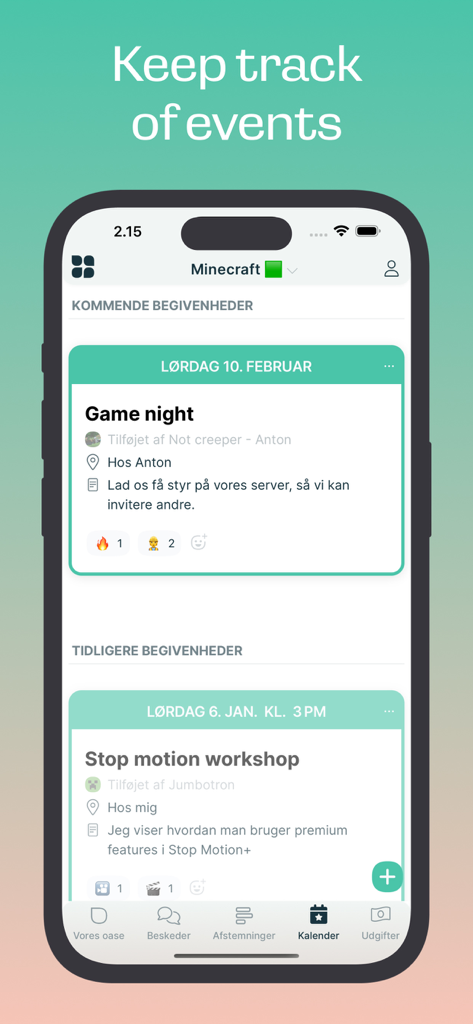 Oase - Interfaz de planificación y seguimiento de eventos de la aplicación móvil Oase que muestra próximas actividades grupales