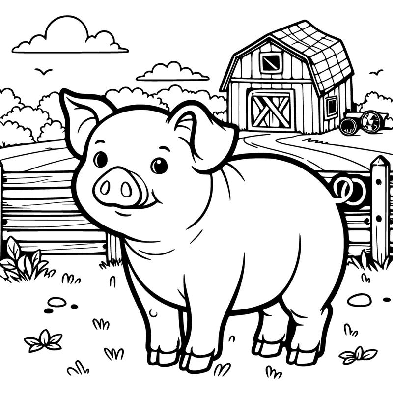 a realistic pig with a farm in the background