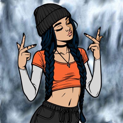 realistic teenage girl with braids and a beanie and crop top doing 🫶🏼