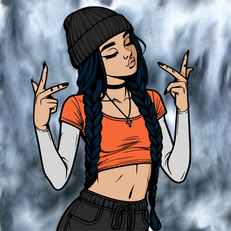 realistic teenage girl with braids and a beanie and crop top doing 🫶🏼