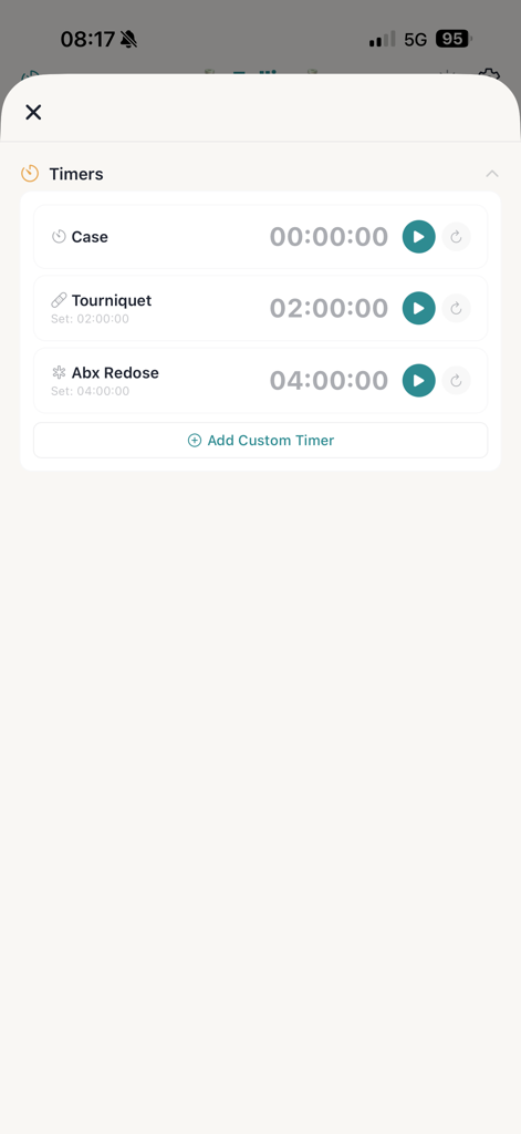 Follie - Anesthesia Assistant - Interface showing clinical timers for case management, tourniquet application, and antibiotic redosing in the Follie app.