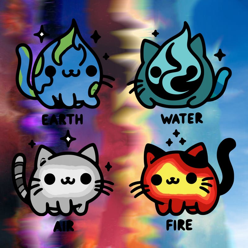 4 cats that represent the different elements, earth, water, air, and fire