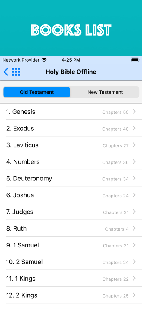 Holy Bible Offline iPhone - Lista de libros del Antiguo Testamento en la aplicación Santa Biblia Sin Conexión