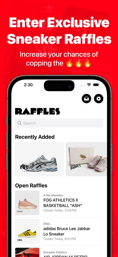 Interface of the Next Drop app displaying recently added and open sneaker raffles from various brands