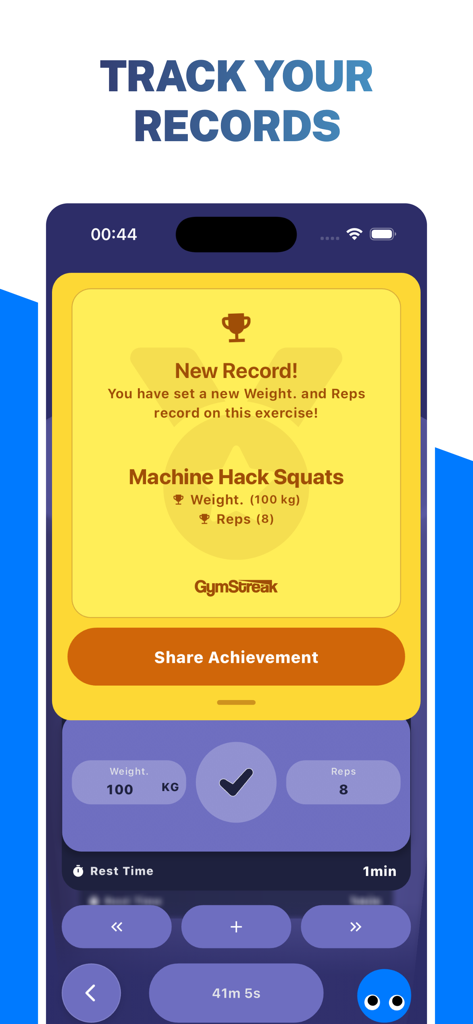 GymStreak app interface showing a new personal record achievement for machine hack squats
