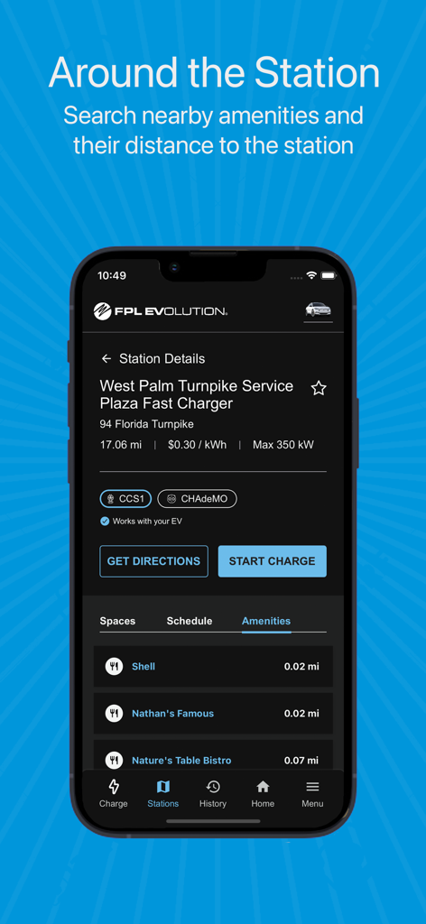 FPL EVolution app showing EV charging station details and nearby amenities.