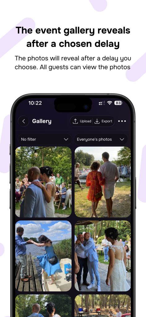 A mobile interface of the Lense app showing a shared event gallery with candid wedding photos and a description of the delayed reveal feature.