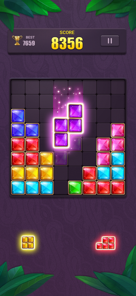 Block Puzzle: Jewel Blast - Gameplay of Block Puzzle Jewel Blast showing jewel blocks on an eight by eight grid with a high score