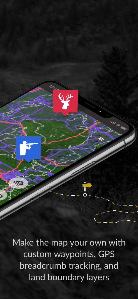 iHunter - iHunter app interface showing custom waypoints and GPS breadcrumb tracking on a detailed map