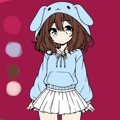 pretty anime girl wearing a fluffy hoodie with bunny ears on the hood and a skirt