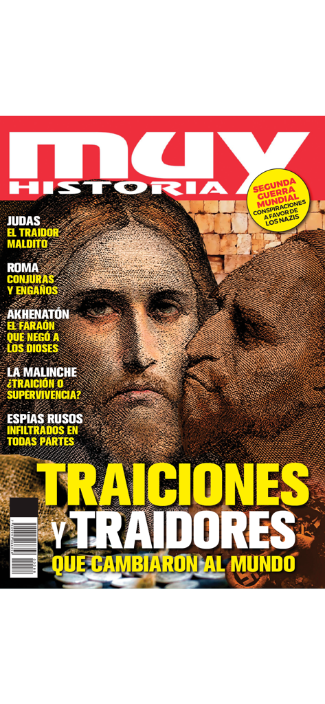 Muy Interesante Historia - Capa da revista Muy Historia sobre traidores que mudaram o mundo, com uma ilustração de Judas e Jesus.