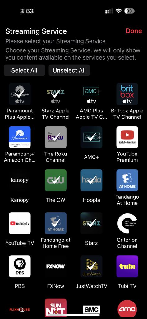 Movie Box - TV Shows & Movies - A screen in the Movie Box app displaying a list of streaming services like Paramount plus Starz and YouTube TV for users to select and filter content.