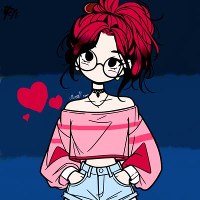 girl with a messy ponytail glasses a baggy crop top and jean shorts