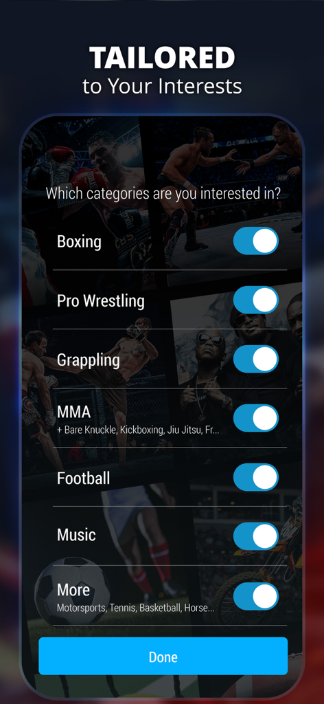 TrillerTV: Live Sports - Schermata dell'app TrillerTV che mostra i selettori per le categorie sportive di boxe e wrestling.