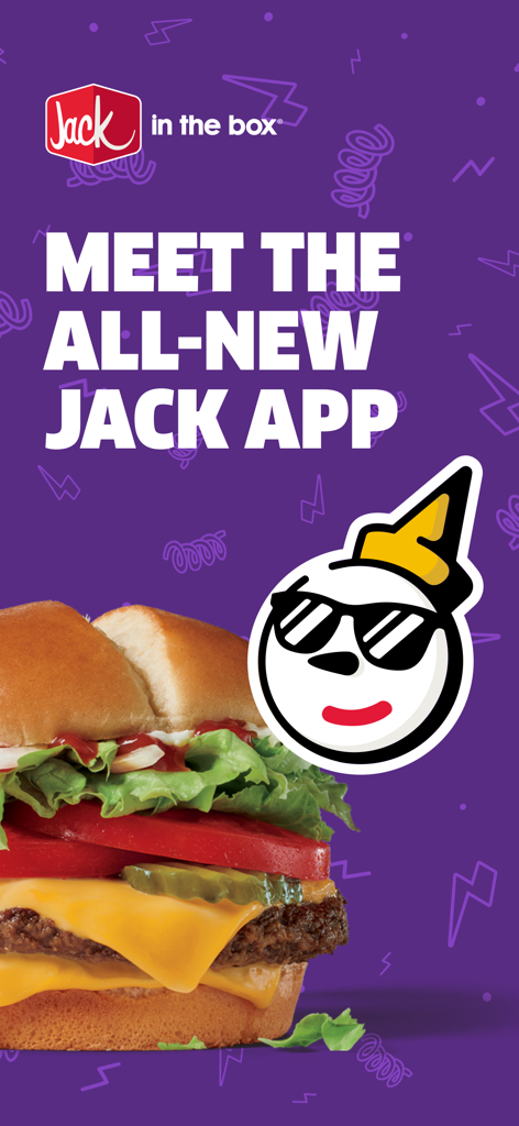 Tela promocional do novo app Jack in the Box com um cheeseburger e o mascote da marca usando óculos escuros
