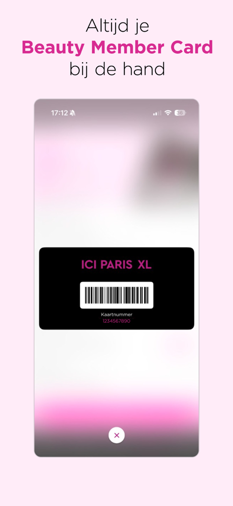 Une carte de membre ICI PARIS XL Beauty numérique avec un code-barres affiché sur l'écran d'un smartphone.