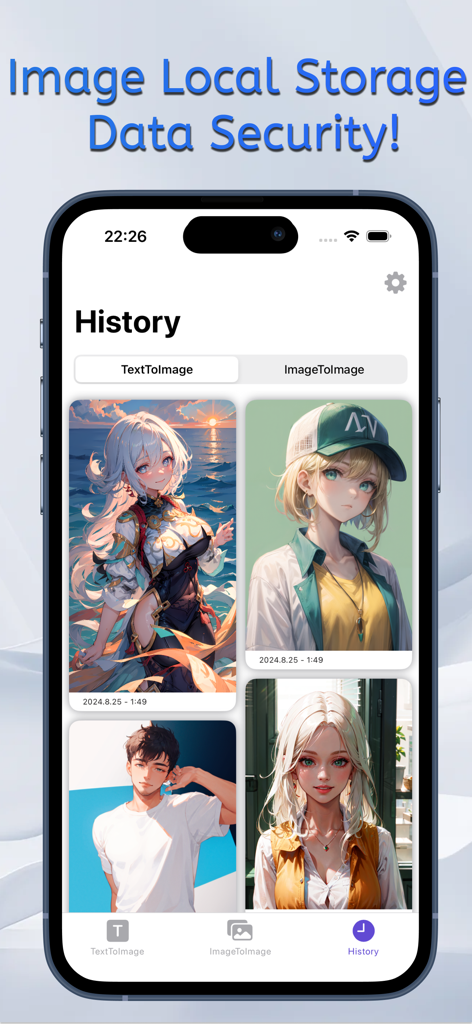 AI Art Generator - SD Anime - Pantalla de historial de la aplicación AI Art Generator que muestra arte anime guardado