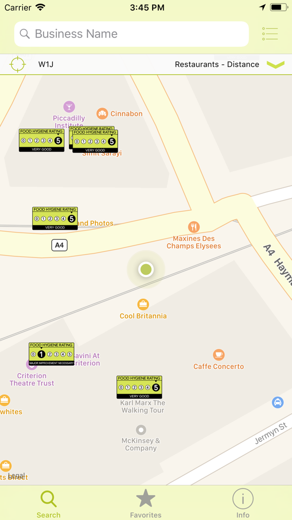 Mobile app map interface showing restaurant food hygiene ratings in London