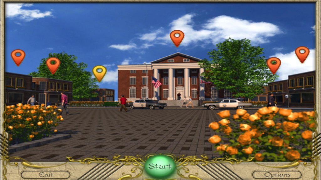 FlipPix Art - Town Square - Main menu of the FlipPix Art Town Square puzzle game showing a town square with location pins and a start button