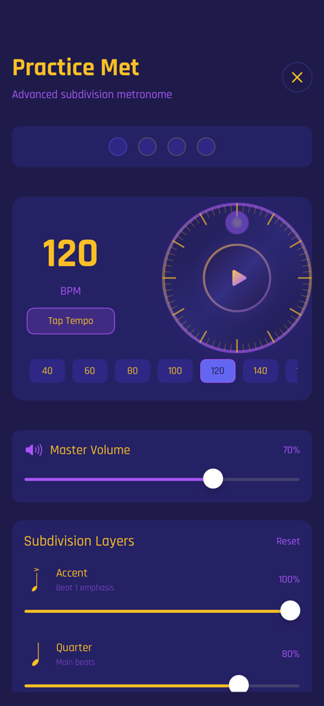 Drumline - Advanced metronome interface within the Drumline app showing tempo and subdivision controls