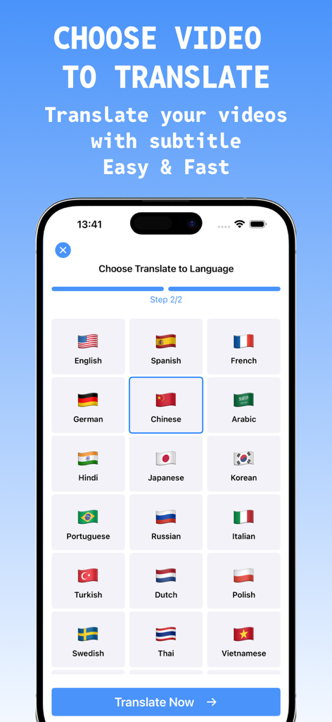 Video Translator with subtitle - Una schermata di un'app mobile che mostra varie opzioni linguistiche per la traduzione video tra cui inglese spagnolo francese cinese e altro ancora con bandiere nazionali.