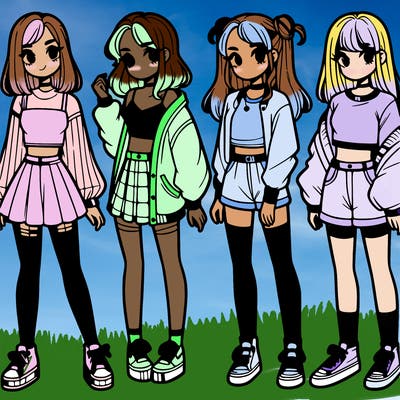 one girl with crop-top shirt and a jacket with a skirt, long socks and another girl with a shirt and pants with a jacket