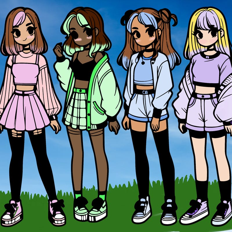 one girl with crop-top shirt and a jacket with a skirt, long socks and another girl with a shirt and pants with a jacket