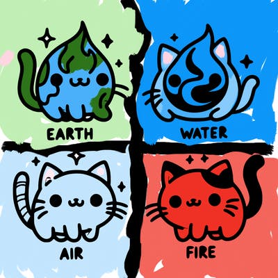 4 cats that represent the different elements, earth, water, air, and fire