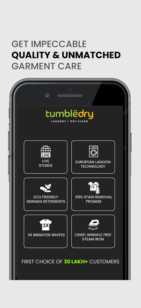 Tumbledry Dry Clean & Laundry - Écran de l'application mobile Tumbledry affichant les services d'entretien des vêtements, y compris les détergents écologiques et la promesse d'élimination des taches