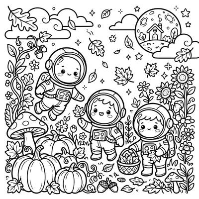 Discover an adorable Kawaii-style coloring page featuring charming cosmonauts enjoying a vibrant autumn scene. Filled with pumpkins, falling leaves, and starry skies, it's perfect for a cozy creative escape.
