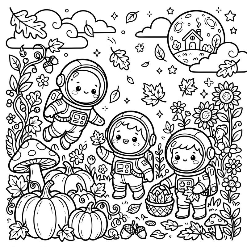 Discover an adorable Kawaii-style coloring page featuring charming cosmonauts enjoying a vibrant autumn scene. Filled with pumpkins, falling leaves, and starry skies, it's perfect for a cozy creative escape.