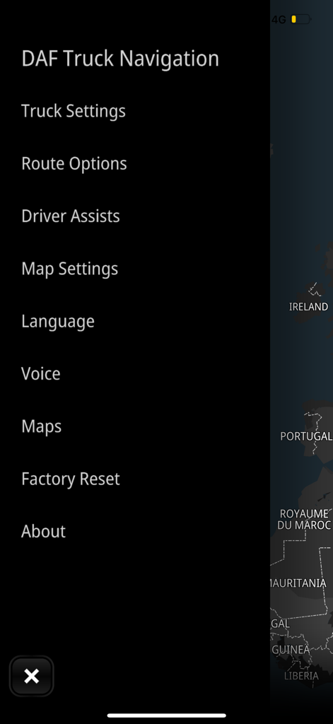 DAF Truck Navigation - Settings menu of the DAF Truck Navigation app showing truck and route configuration options