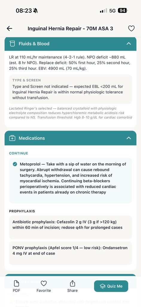 Follie - Anesthesia Assistant - Anesthesia case summary screen for inguinal hernia repair showing fluid calculations and medication protocols