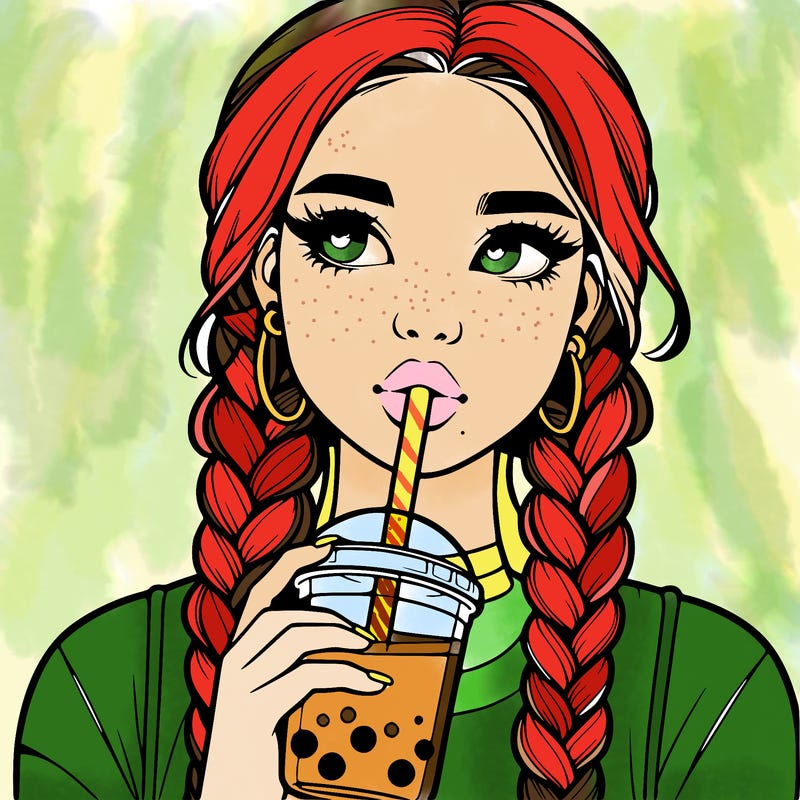 realistic girl with braided hair drinking boba