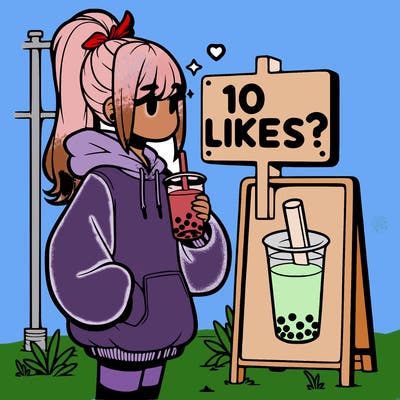 girl with oversized hoodie drinking boba and she has a high ponytail with a sign that says 10likes?