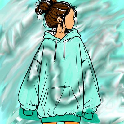 realistic girl with a oversized sweatshirt on and a bun