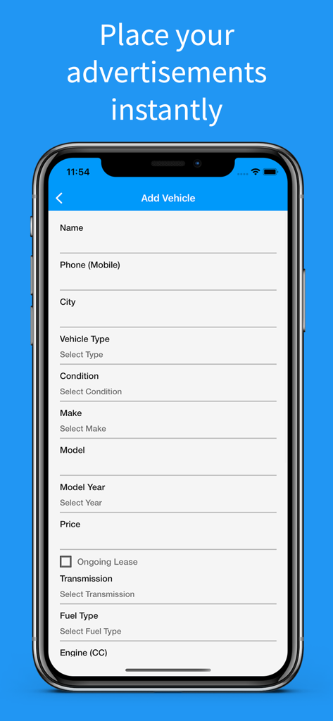 Riyasewana - A mobile screen showing the Riyasewana app's Add Vehicle form for posting automobile advertisements.