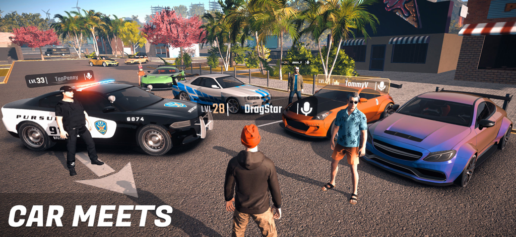 Players gathered with their customized vehicles and avatars during an online car meet in an open world.