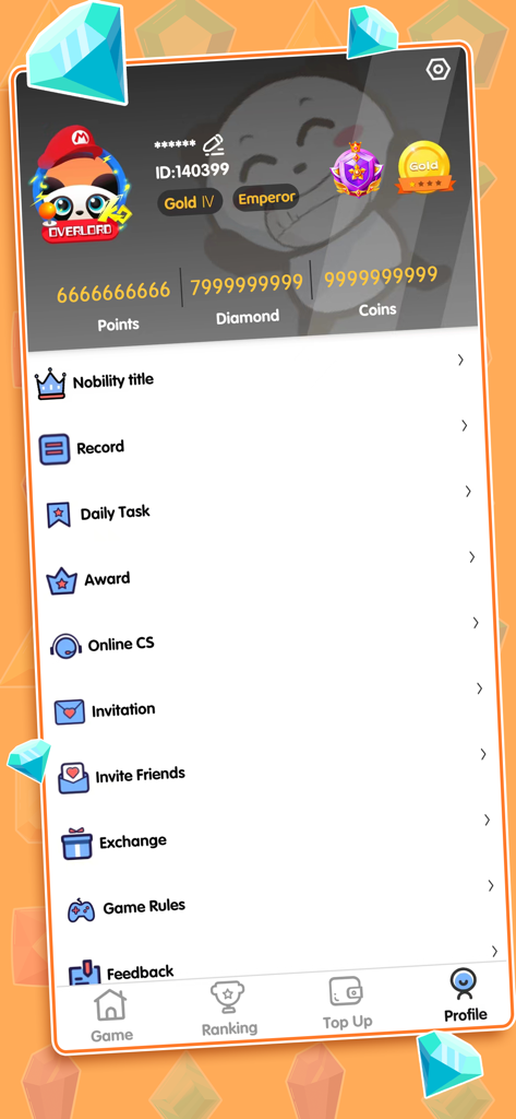 User profile dashboard in the Coin Machine app showing points, diamonds, coins, and navigation menu.