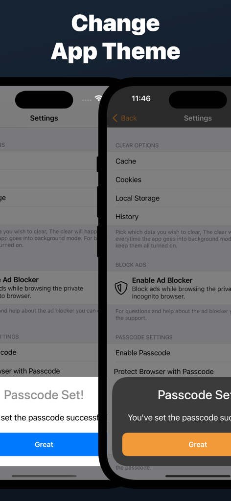 Private Web Browser Incognito - Configuración de la aplicación Navegador Web Privado Incognito mostrando una comparación entre los modos de tema claro y oscuro