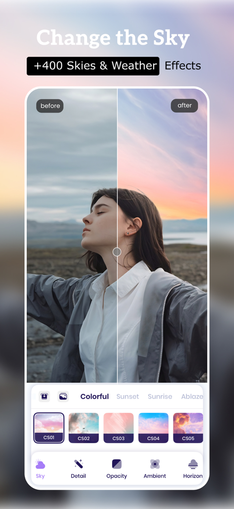 Remove Objects · Photo Eraser - モバイル編集アプリを使用して鮮やかな夕日の色で空を置き換えた写真のビフォーアフター比較。