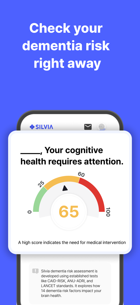 Silvia - Dementia games - A gauge meter showing a cognitive health risk score in the Silvia app dementia assessment screen.