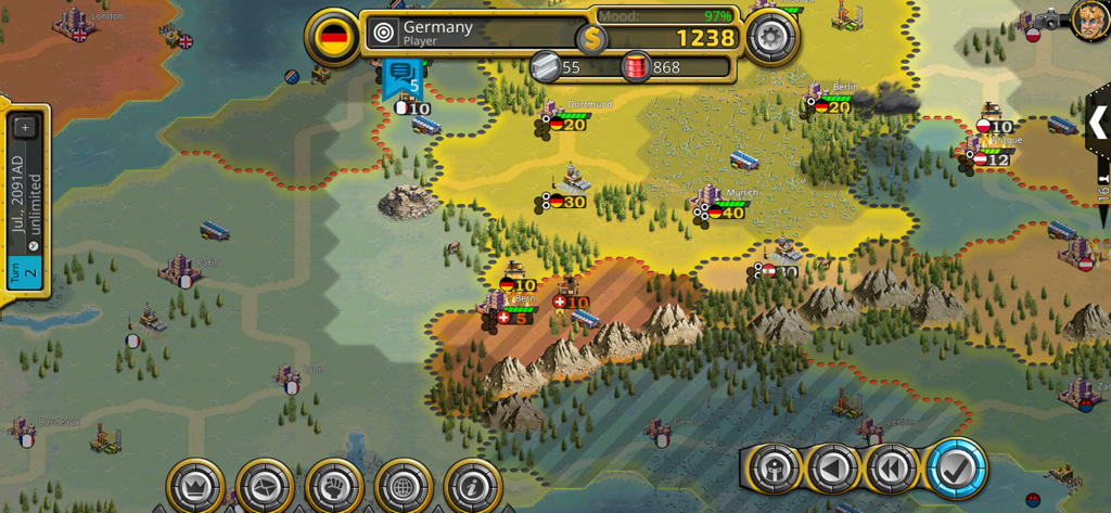 Demise of Nations - Gameplay screenshot of Demise of Nations showing a hexagonal map with cities and military units.