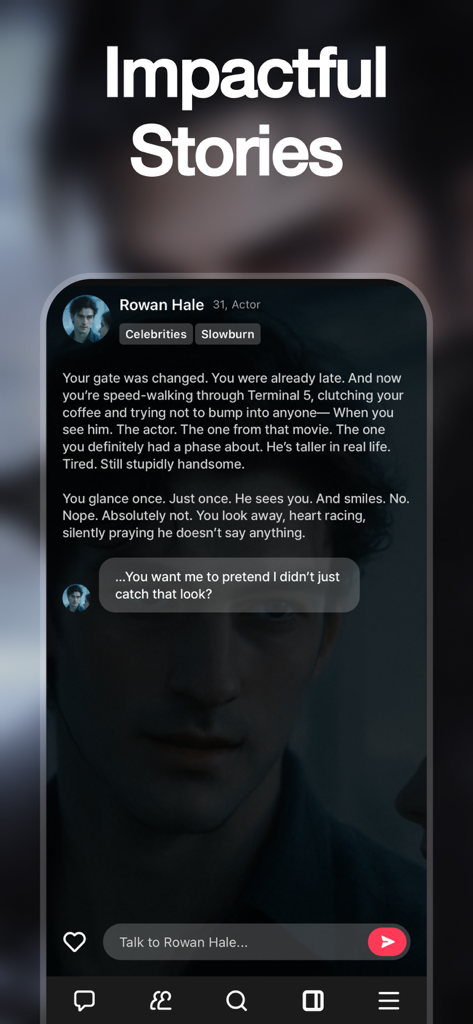 dotdotdot Fantasy AI Boyfriend - Interface of the dotdotdot Fantasy AI Boyfriend app displaying a romantic story scenario with an actor character named Rowan Hale