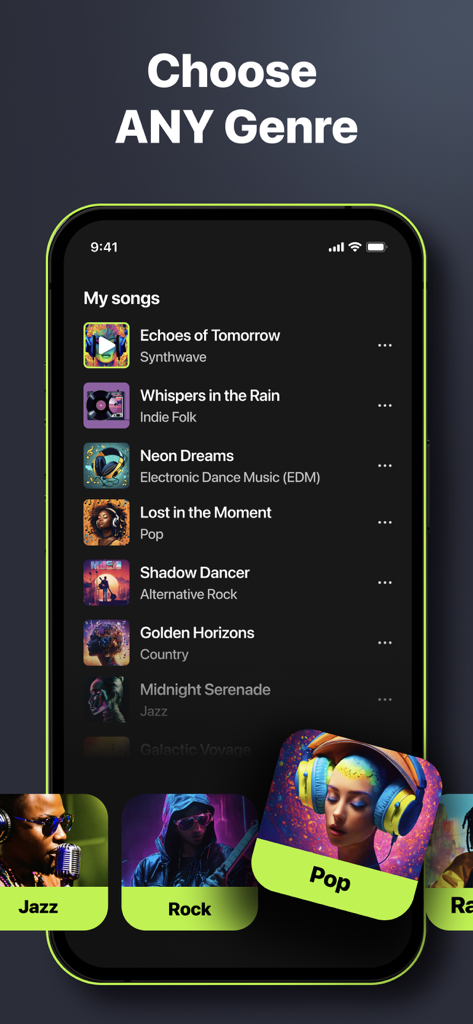 Muzio AI Song&Music Generator - Muzio app interface showing a list of generated songs and options to choose various music genres like Pop Rock and Jazz