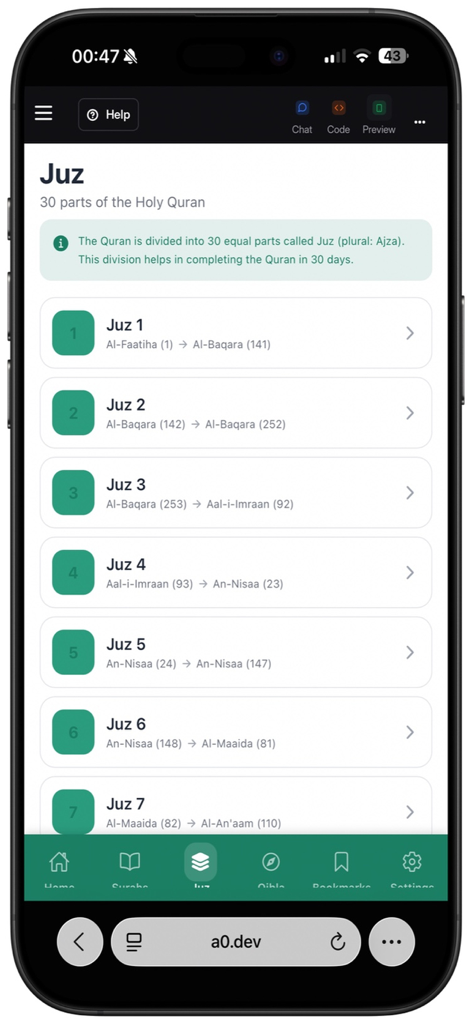 Quran Al Kareem Pro - Quran Al Kareem Pro app screen listing the thirty Juz sections of the Holy Quran for daily reading.