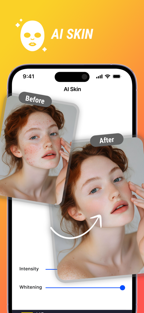 Future Self Face Aging Changer - Before and after comparison of a woman using the AI skin filter to remove blemishes