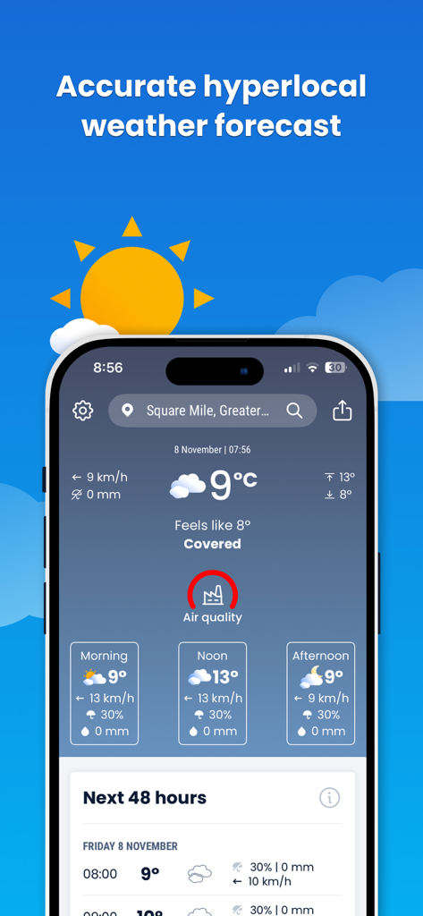 Weather&Rain: Maps & Widget - El Tiempo weather app interface showing hyperlocal forecast and air quality index