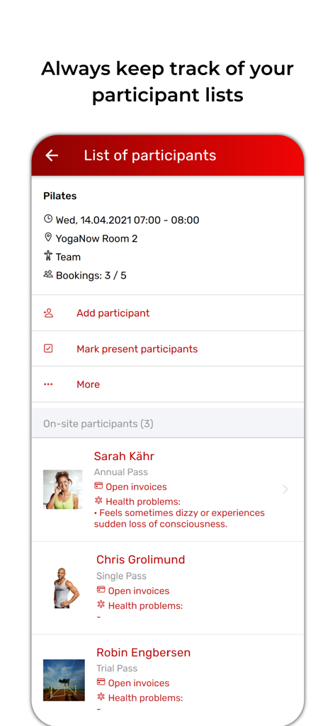 Interface of the SportsNow app showing a Pilates class participant list with membership status and health notes.