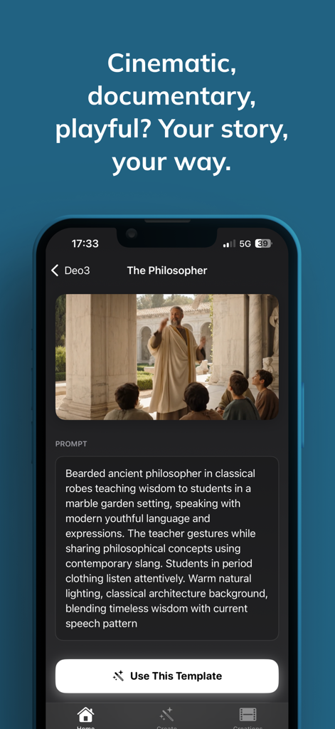 Deo ai: AI Video Maker - Deo AI App-Oberfläche, die einen Text-zu-Video-Prompt für eine filmreife Szene mit einem antiken Philosophen anzeigt.